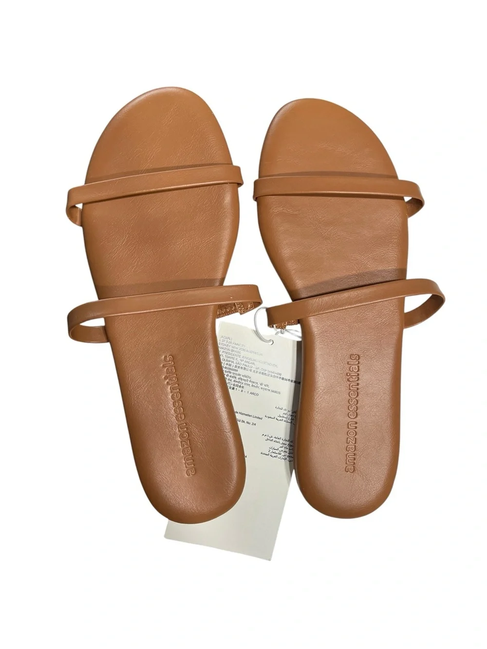 NWT Amazon Essentials Cognac Brown 2 Strap Flat Sandals - Size 6